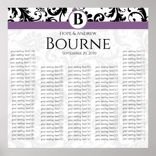 Monogram Black and White Lila Damask Poster (Framsidan)