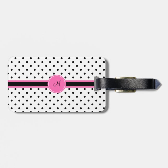 Monogram Black and White Polka Dot med Shock rosa Bagagebricka (Baksida Vågrät)
