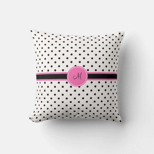 Monogram Black and White Polka Dot med Shock rosa Kudde (Framsida)