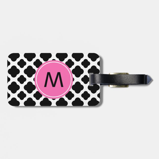 Monogram Black and White Quatrefoil med Shock rosa Bagagebricka (Baksida Vågrät)