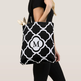 Monogram Black and White Quatrefoil Mönster Tygkasse