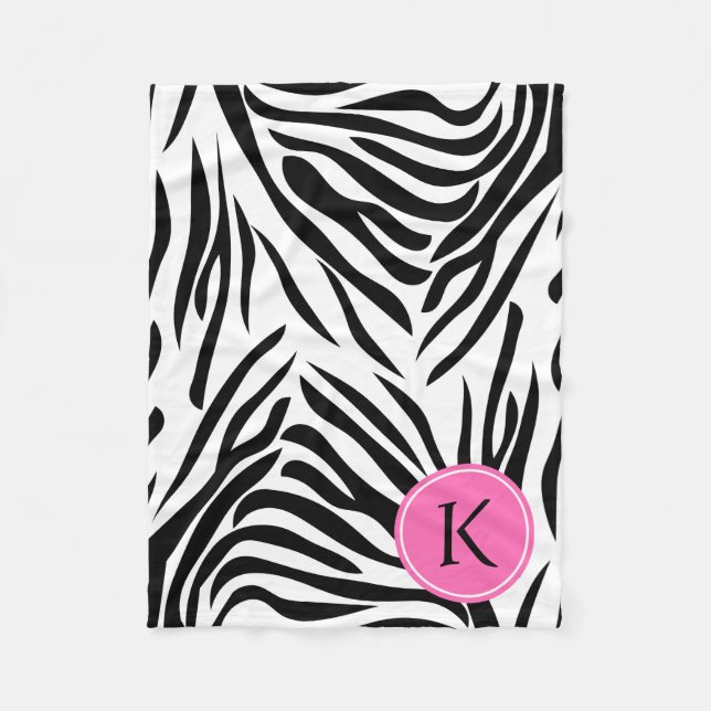 Monogram Black and White Zebra tryck med Shock ros Fleecefilt (Framsidan)