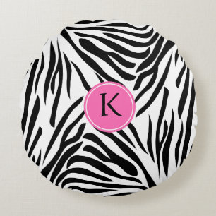 Monogram Black and White Zebra tryck med Shock ros Rund Kudde