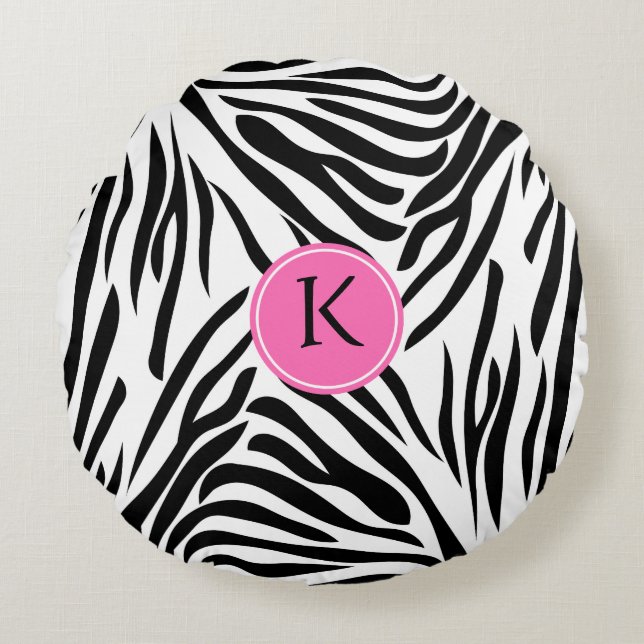 Monogram Black and White Zebra tryck med Shock ros Rund Kudde (Framsidan)