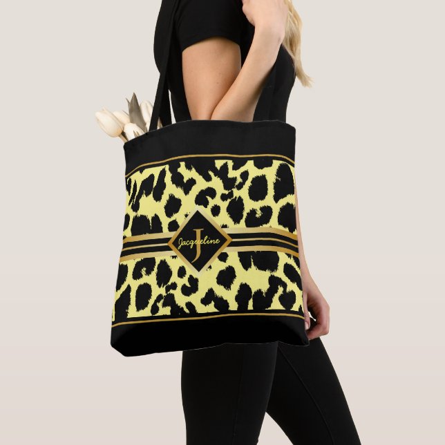 Monogram Black Animal Print Faux Guld på GULT Tygkasse (Närbild)
