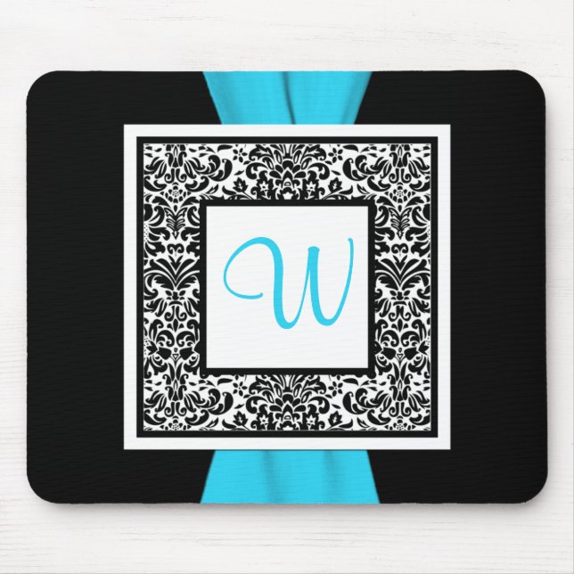 Monogram Black, Blue, White Damask Mousepad Musmatta (Framsidan)