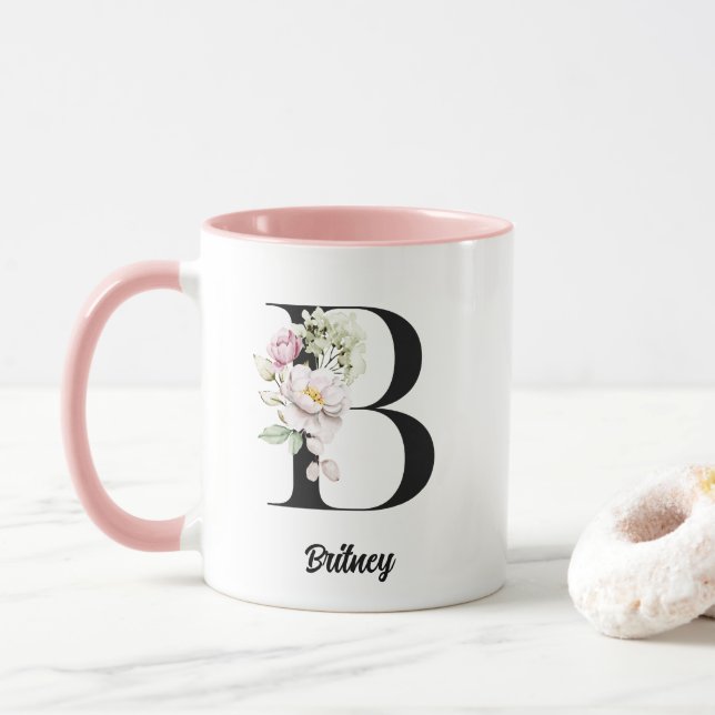 Monogram Black Brev Watercolor Flowers Mugg (Med munk)