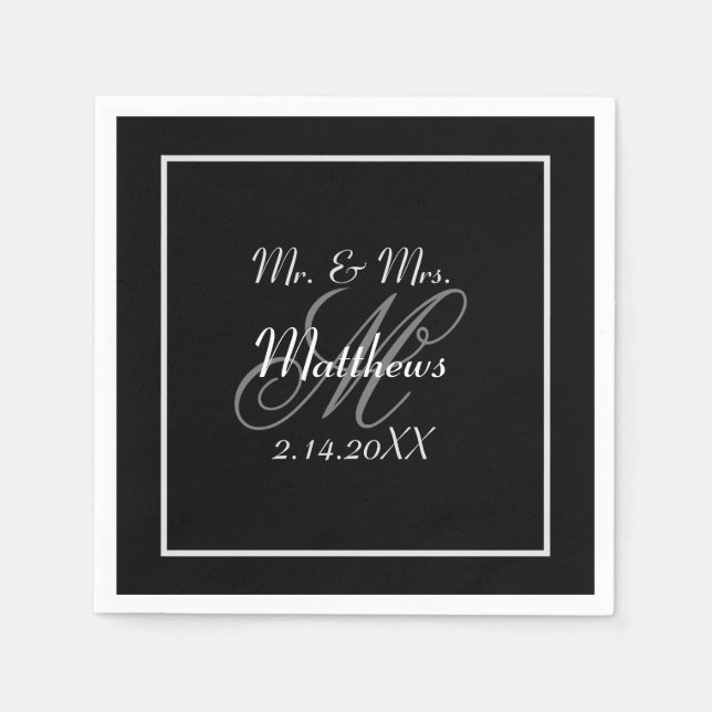 Monogram Black Bride Groom Bröllop Pappersservett (Framsidan)