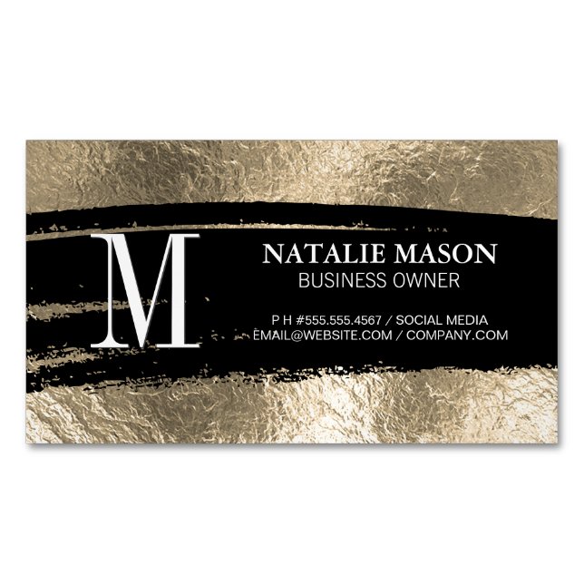 Monogram Black Brushed | Guld Foil Magnetiska Visitkort (Framsida)