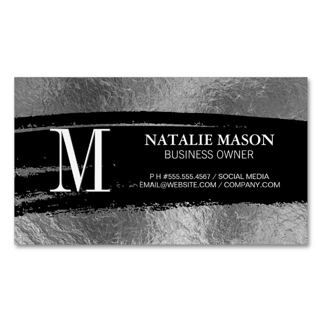 Monogram Black Brushed | Silver Foil Magnetiska Visitkort (Framsida)