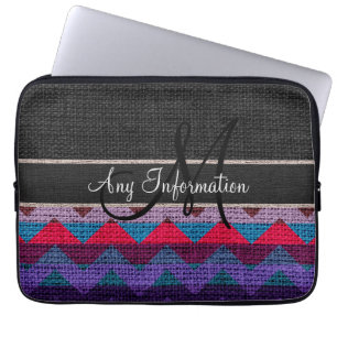 Monogram Black Chevron Zigzag Burlap Jute Laptop Fodral