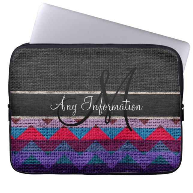 Monogram Black Chevron Zigzag Burlap Jute Laptop Fodral (Framsidan)