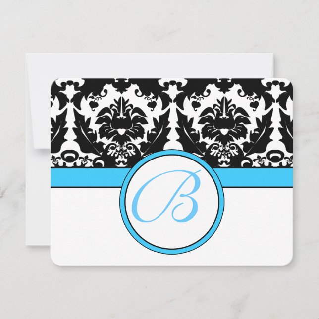 Monogram Black Damask med Teal Aqua Blue Trim OSA Kort (Framsida)