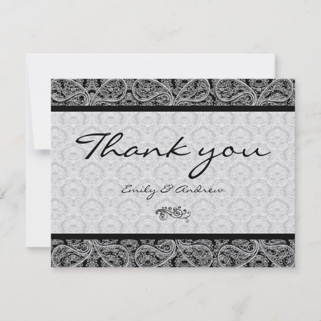 Monogram Black Damask Paisley Bröllop Tack (Framsida)