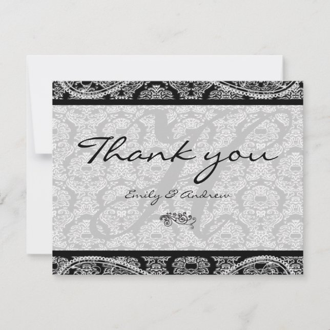 Monogram Black Damask Paisley Bröllop Tack Kort (Framsida)