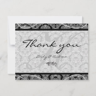 Monogram Black Damask Paisley Bröllop Tack Kort