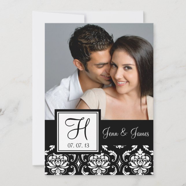 Monogram Black Damask Photo Save Date Spara Datumet (Framsida)