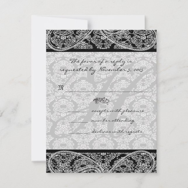 Monogram Black Damask Wedding Response OSA Kort (Framsida)