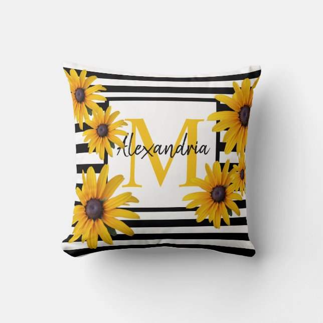 Monogram Black-Eyed Susan Gult Black Rand Kudde (Framsida)