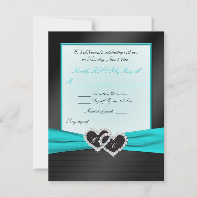 Monogram Black FALSK Satinveck med Aqua RSVP OSA Kort (Framsida)