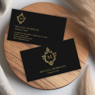 Monogram Black Faux Guld Elegant Vintage Vapensköl Visitkort