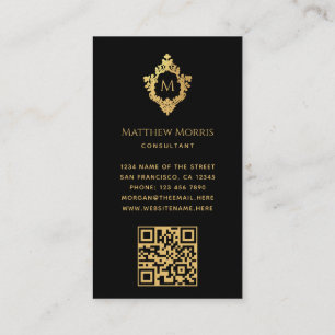 Monogram Black Faux Guld Vapensköld Elegant QR på Visitkort