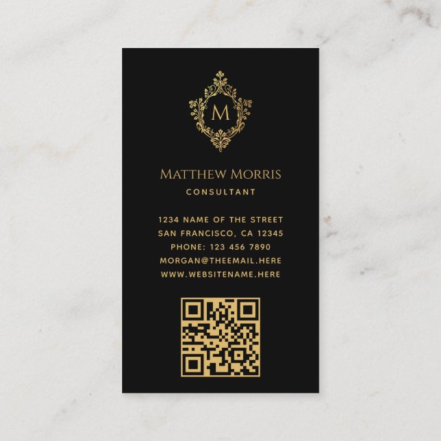Monogram Black Faux Guld Vapensköld Elegant QR på  Visitkort (Baksida)