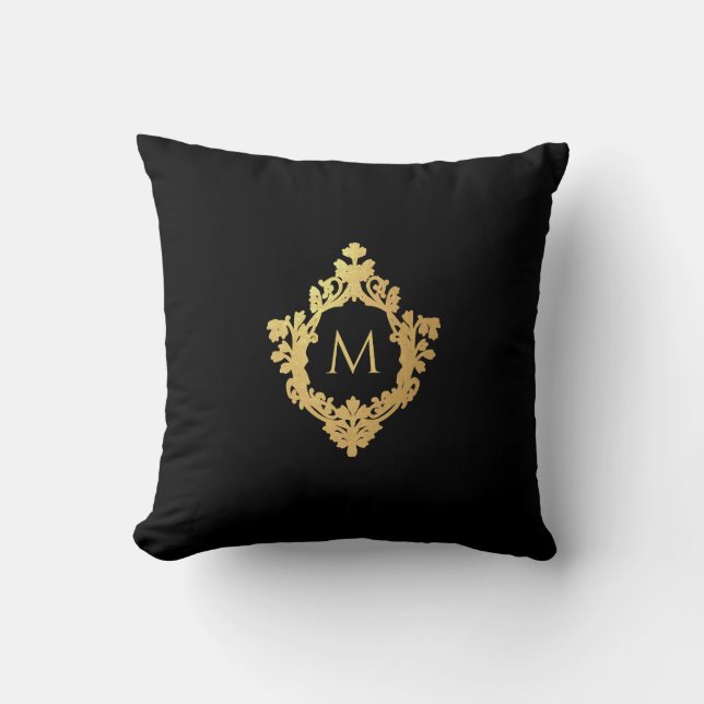 Monogram Black Faux Guld Vapensköld Elegant Vintag Kudde (Framsida)