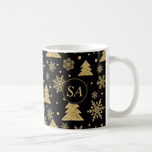 Monogram Black Golden Julgran Snöflingor Kaffemugg (Höger)