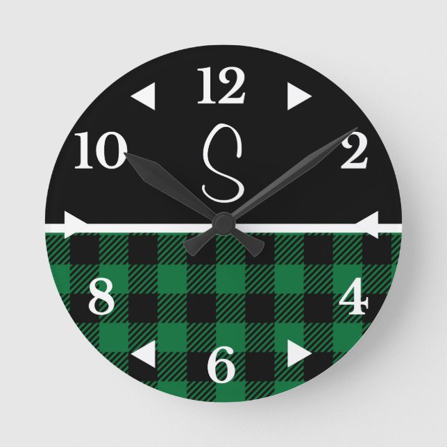 Monogram Black Grönt Buffalo Pset Farmhouse Rund Klocka (Framsida)