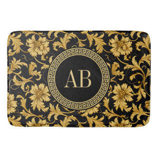 Monogram Black Guld Classy Elegant Mönster Badrumsmatta