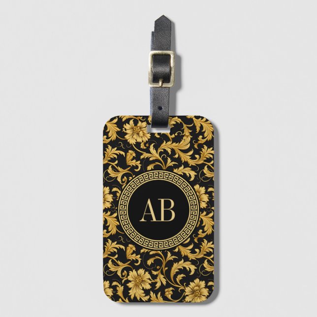 Monogram Black Guld Classy Elegant Mönster Bagagebricka (Framsida vertikal)