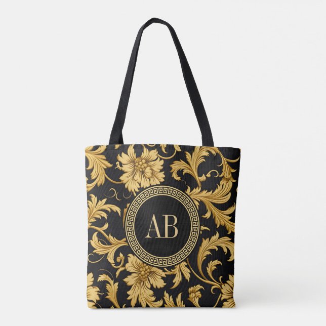 Monogram Black Guld Classy Elegant Mönster Tygkasse (Baksida)