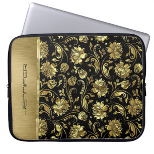 Monogram Black & Guld Damask Mönster Laptop Fodral
