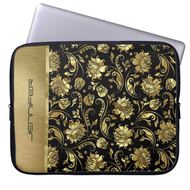 Monogram Black & Guld Damask Mönster Laptop Fodral (Framsidan)
