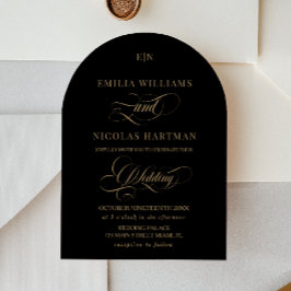 Monogram Black Guld Elegant Calligraphy Bröllop Inbjudningar