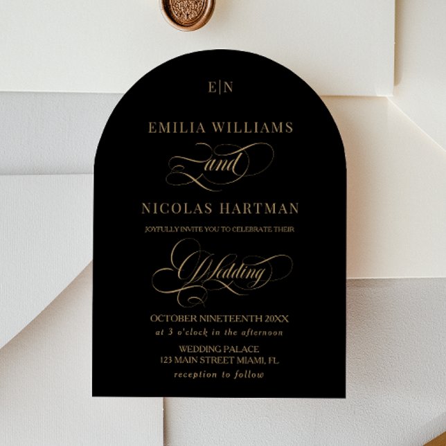 Monogram Black Guld Elegant Calligraphy Bröllop Inbjudningar (Skapare uppladdad)