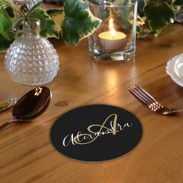 Monogram Black Guld Elegant Script Namn Underlägg Papper Rund