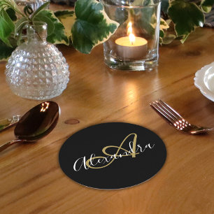 Monogram Black Guld Elegant Script Namn Underlägg Papper Rund