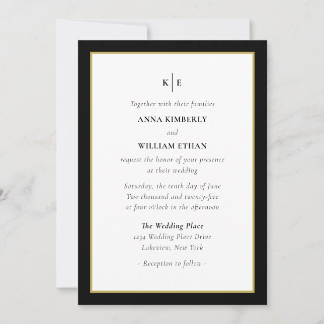 Monogram Black Guld - Familjer Bröllop Inivitation Inbjudningar (Framsida)