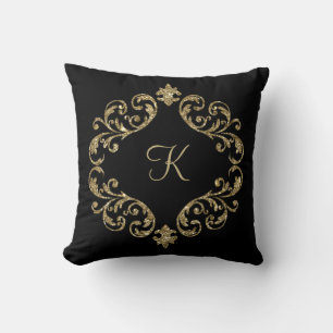 Monogram Black Guld Glitter Damask Flourish Swirl Kudde