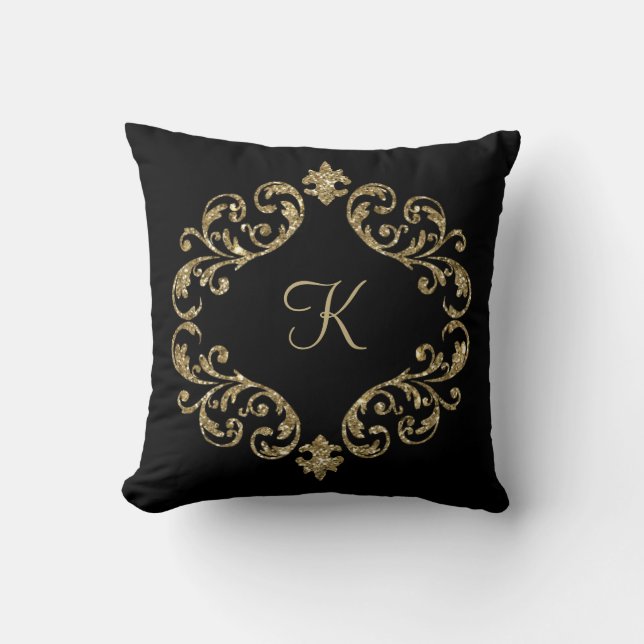 Monogram Black Guld Glitter Damask Flourish Swirl Kudde (Framsida)