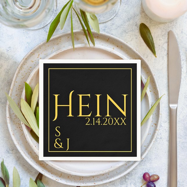 Monogram Black Guld Initialer Datum Bröllop Pappersservett (Monogram Black Gold Initials Date Wedding Napkins)