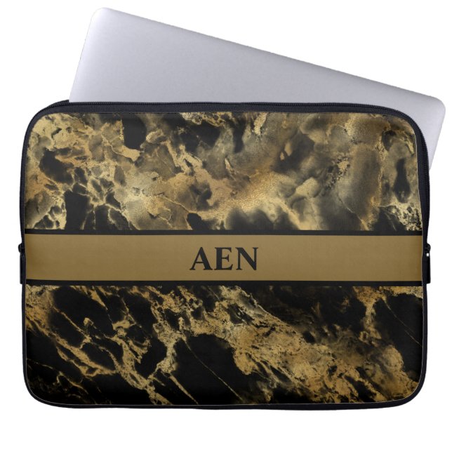 Monogram Black Guld marble Agate Modern Trendig Laptop Fodral (Framsidan)