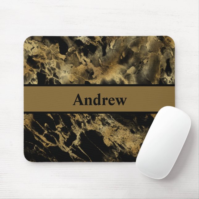 Monogram Black Guld marble Agate Modern Trendig Musmatta (Med mus)