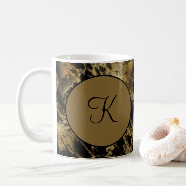 Monogram Black Guld marble Agate Trendig Modern Kaffemugg (Med munk)