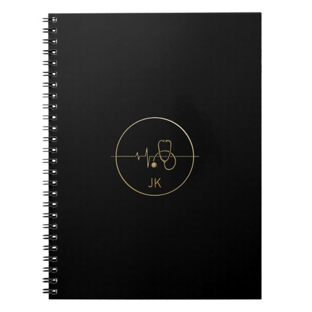 Monogram Black Guld Medical Stethoscope Heartslag Anteckningsbok (Framsidan)