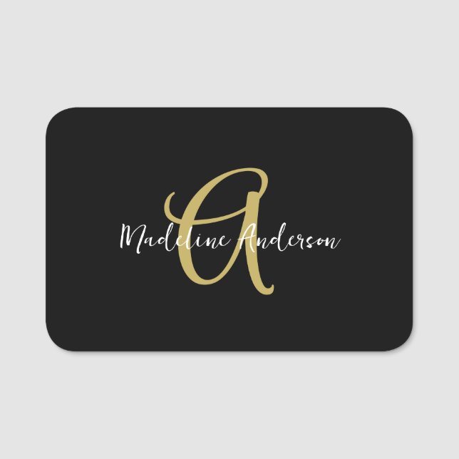 Monogram Black Guld Modern Girly Magnetic Namnbricka (Framsida)