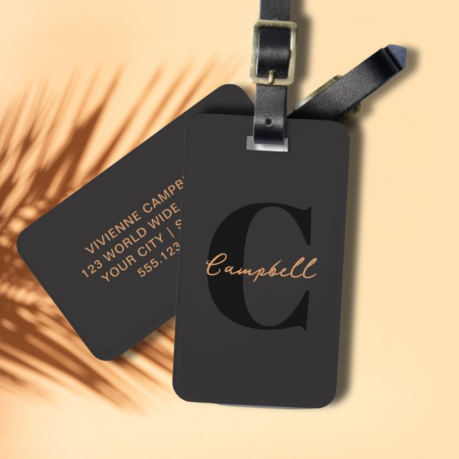 Monogram Black Guld Modern Minimalist Elegant Bagagebricka (Black Gold Elegant Monogram Luggage Tag)