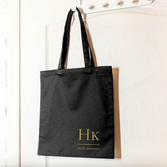 Monogram Black Guld Modern Minimalist Elegant Tote Tygkasse (Skapare uppladdad)